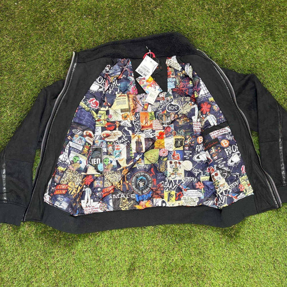 Robert Graham Vegan Suede Bomber Jacket Mens Medium Black Fleece Collar NWT $298